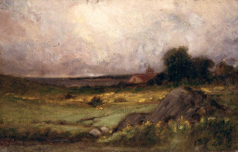 Edward Mitchell Bannister landscape with rock in foreground and roof with steeple, lake in background